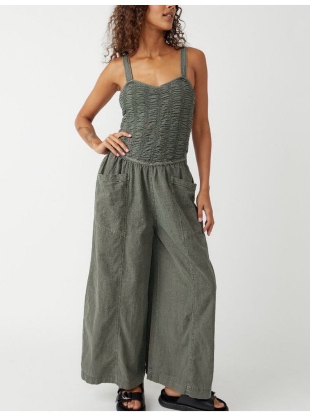 Free People Olive Green Textured Romper with Front Pockets 100 cotton